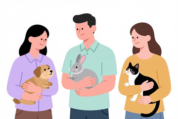 Fototapeta premium People standing together, holding pets, in a cartoon style, against a plain white background, showing affection and companionship.