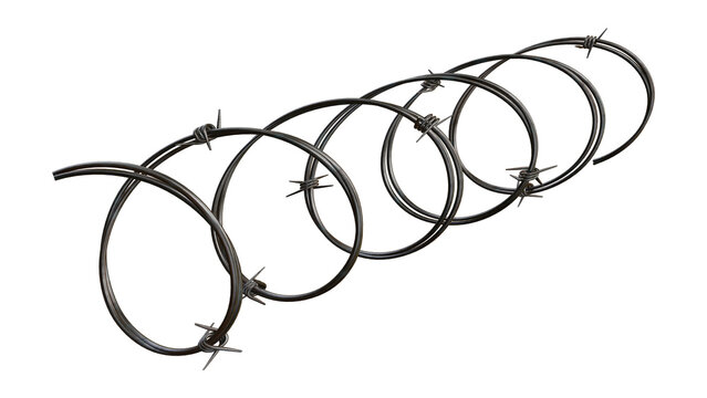 Barbed wire coils forming circles with sharp points on transparent background.
