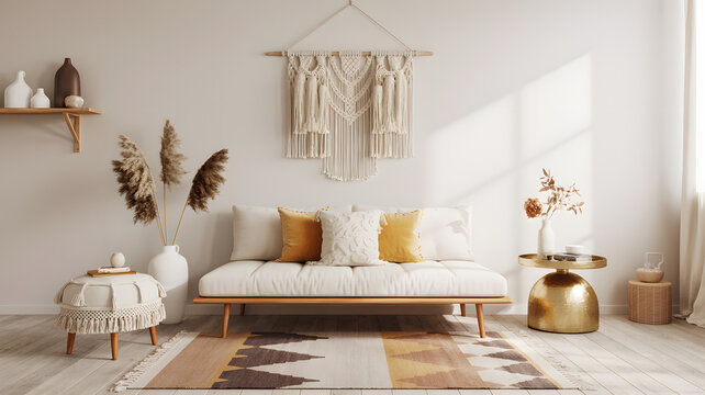 Bohemian living room interior with beige sofa and macrame wall hanging, cozy boho home decor with pampas grass and ethnic rug, minimalist lounge space with golden side table and neutral furniture