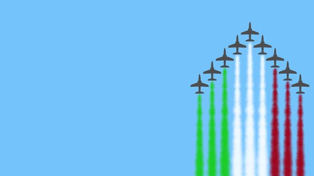 Italian Republic Day animated background with tricolor arrows on blue background. Airplanes with green, white and red smoke tails flying in the sky