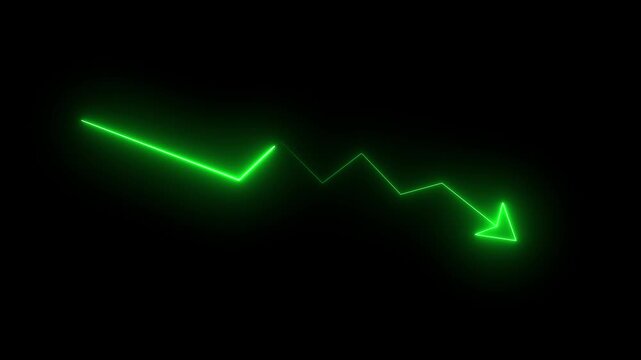 Global business line animation. Abstract glowing neon line business graph growth arrow to down arrow.neon glowing zigzag line with upward arrow on black background, representing growth trend.4k
