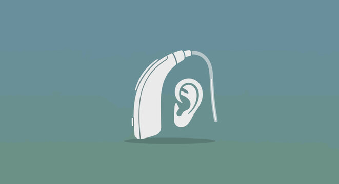 Hearing aid and ear icon representing assistive technology for hearing impairment. Audiology and communication assistance device illustration.