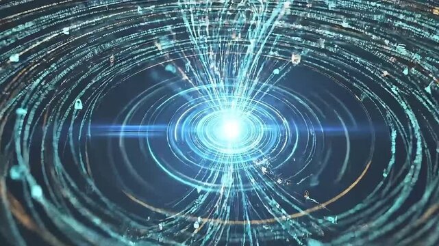 A vortex of abstract data streams and connection points swirling around a central point Videos