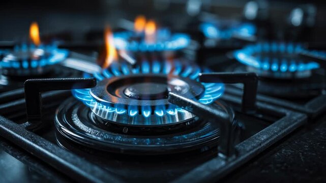 Gas stove flames pulsing in a kitchen setting during cooking time
