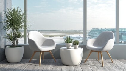 Fototapeta premium Modern airport lounge with white chairs, plants, and a view of the tarmac