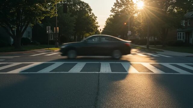 Van driving across a crosswalk at sunset on a suburban street.