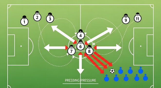 Soccer players executing a tactical pressing strategy on a green field