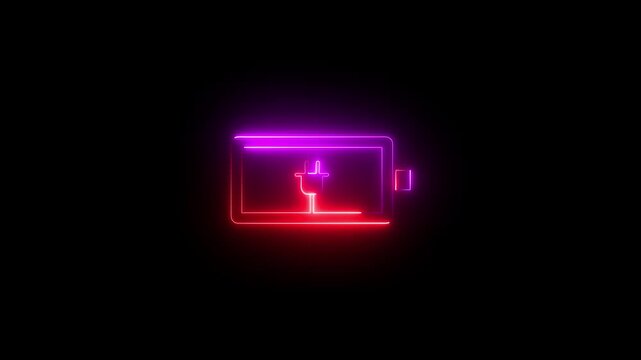 neon battery icon. Neon charge battery . neon battery icon with electric lightning bolt charging animation.4k
