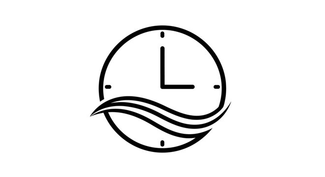 Black line art clock icon with waves on white background