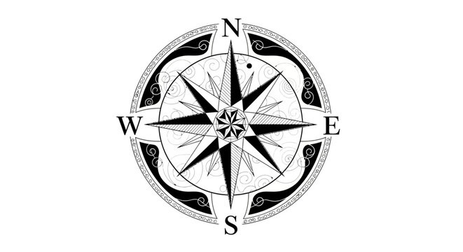 Decorative black and white compass rose on white background