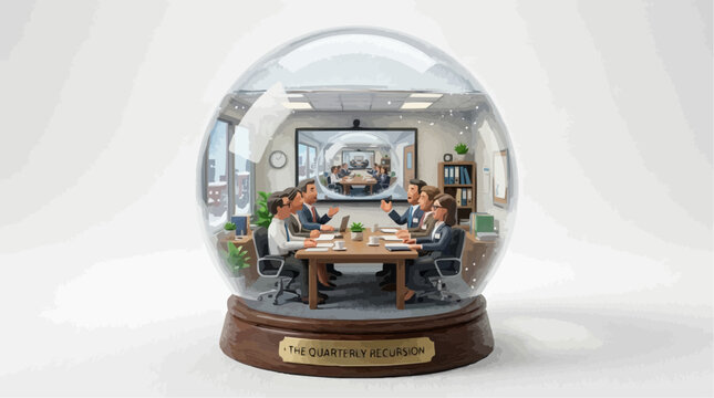 Miniature office meeting inside snow globe with recursive screen, humorous corporate concept