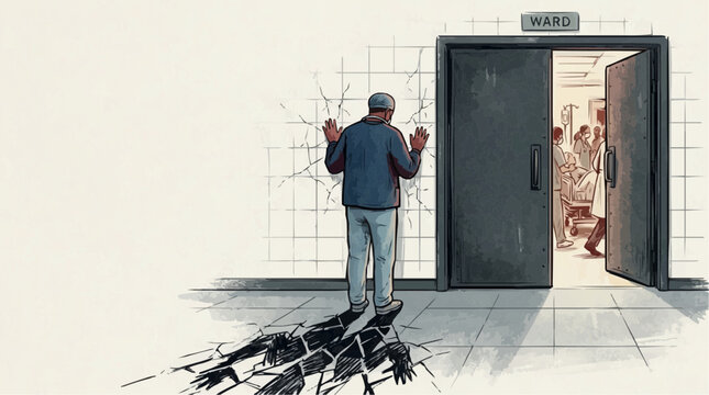 Exhausted healthcare professional leaning against cracked wall with shattered shadow, medical burnout concept illustration