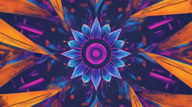 Vibrant abstract symmetrical pattern with a central mandala-like flower and colorful radiating shapes