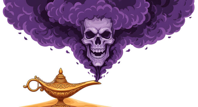 Skull Genie Emerging from Magic Lamp Smoke