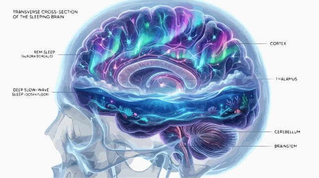 Sleeping human brain transverse cross-section with aurora borealis and ocean floor, scientific illustration