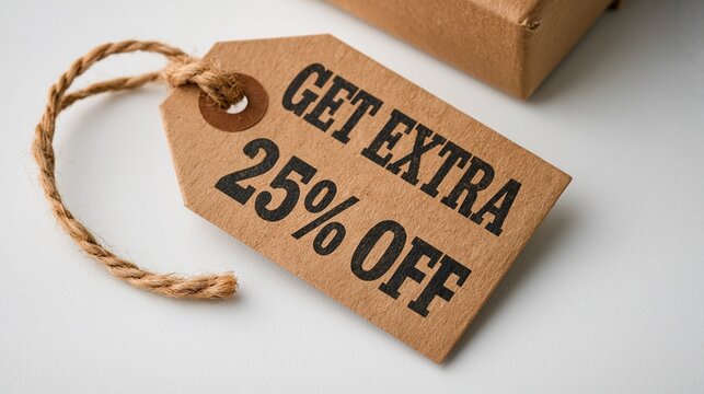 Close up of brown cardboard sale tag with get extra 25 percent off text.