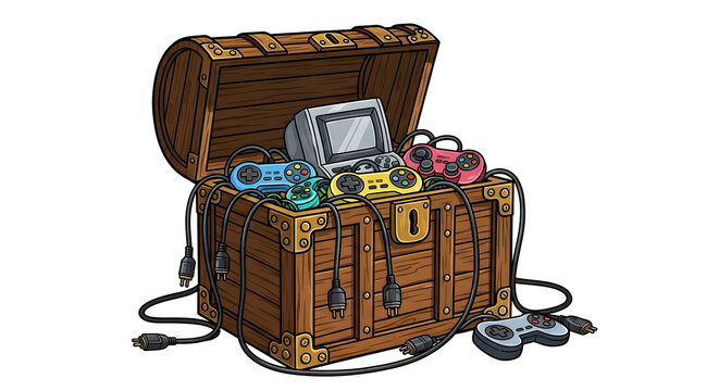 Treasure Chest Filled with Vintage Video Game Controllers and Monitor