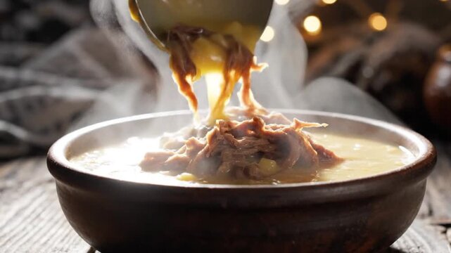 Thick steaming cassava and sun-dried beef stew vaca atolada poured into a rustic clay bowl with a ladle, cozy warm winter food concept.