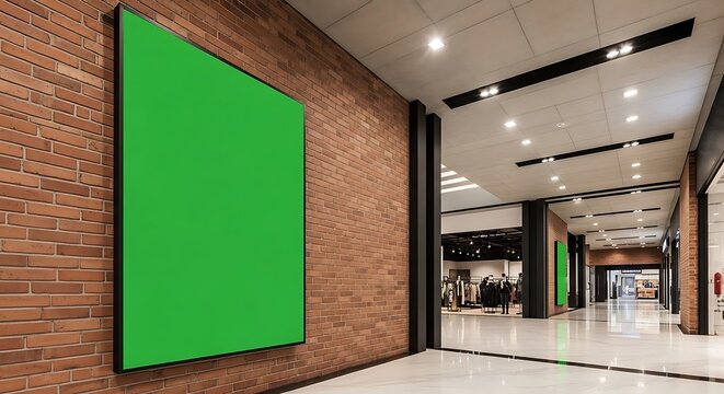 Large green screen billboard hangs on a rustic red brick wall inside a contemporary retail center with bright ceiling lighting. Ideal for out-of-home media placement marketing.