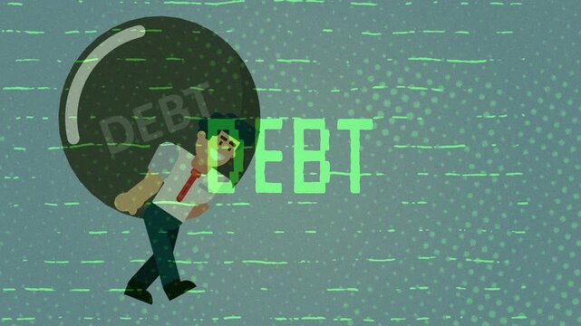 An animation of a businessman carrying a heavy ball representing debt with a green digital matrix text effect.