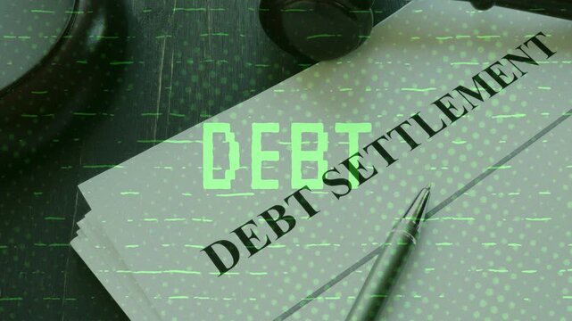 A legal document for debt settlement on a desk next to a judge gavel and a pen with a green digital glitch text effect overlay.