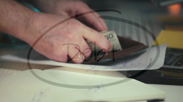 Close-up of hands holding an empty wallet with a hand-drawn circle and the text Debt.