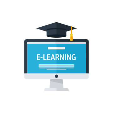 E learning computer screen with graduation cap.