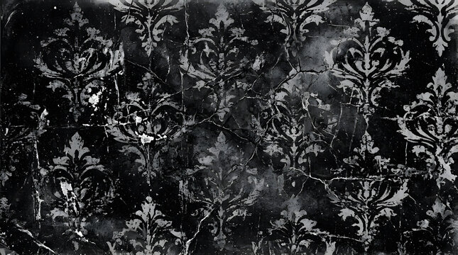 Dark ornate damask wallpaper with a distressed and aged texture, featuring intricate floral patterns and a vintage aesthetic