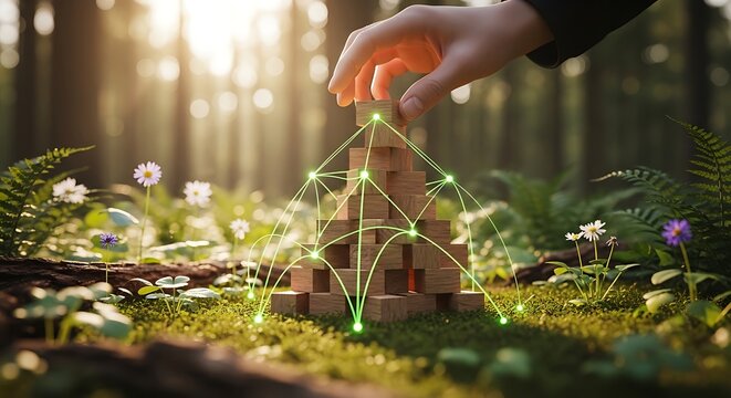 Sustainable business growth represented by wooden blocks in a mossy forest with glowing green digital connections and golden sunlight. Ideal for eco-friendly corporate branding projects.