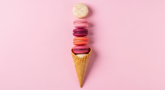 A delightful stack of colorful macarons artfully placed inside a crisp waffle cone, offering a sweet and visually appealing dessert experience.