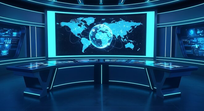 Futuristic news studio command center featuring a glowing world map on a large central display with neon blue lighting. Ideal for broadcast media and global news agency marketing.