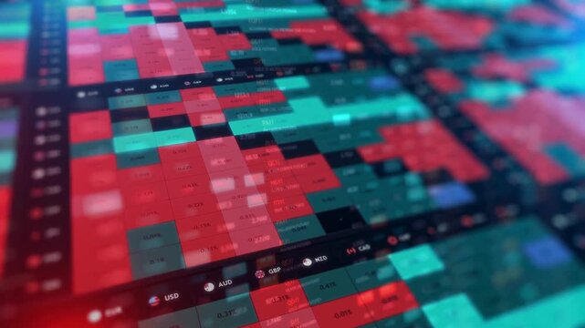 Close-up of a digital stock market heatmap screen displaying red and green financial data.