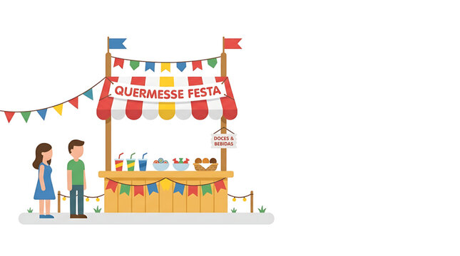 Vector illustration of a street food stall at a traditional brazilian festival, known as festa junina, featuring sweets and drinks