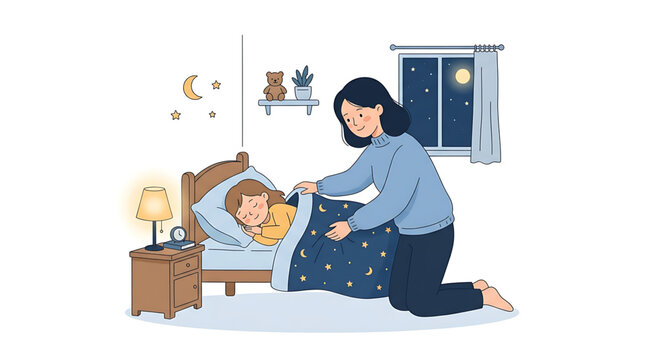 Mother tucking her child into bed at night