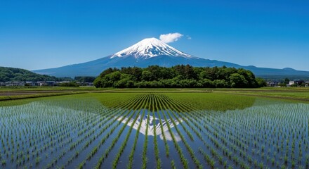 Naklejka premium Majestic Mount Fuji volcano capped with snow standing tall over lush green rice fields in rural Japan