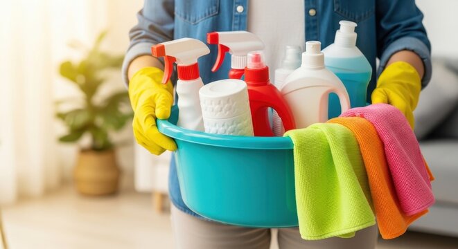 Person in yellow gloves holding a turquoise bucket filled with cleaning supplies including spray bottles and cloths