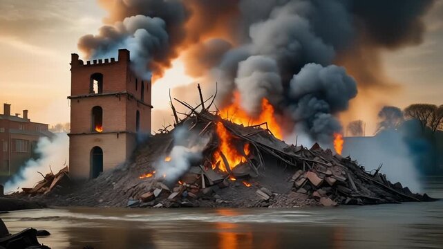 Old stone tower collapsing into ruins with intense fire and smoke