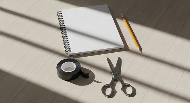 Blank notebook, pencil, tape, and scissors arranged on a wooden surface with dramatic window shadows. Sharp focus and minimalist composition. Ideal for stationery branding and design.