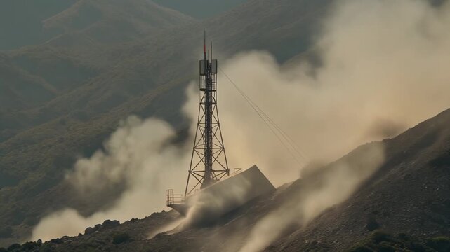 Building implosion and collapse on a hillside with thick dust clouds