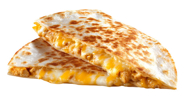 One cheesy chicken quesadilla with peppers and cilantro on transparent background, delicious mexican food.