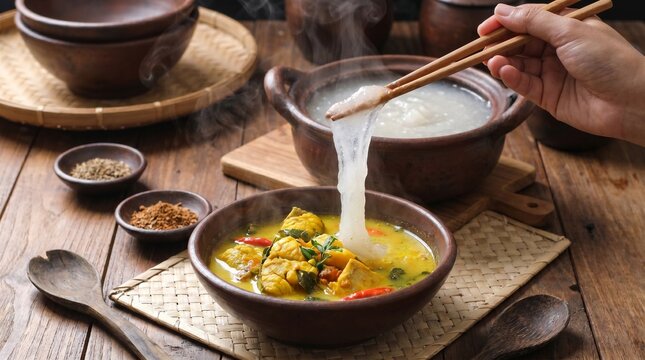 Lifting Sticky Sago Papeda with Wood Chopsticks Traditional Indonesian Food