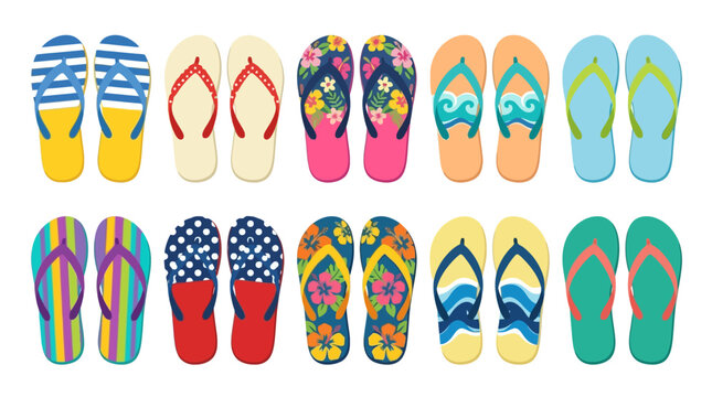 Colorful summer flip flops set vector clipart with ten pairs of tropical beach sandals in striped, floral, wave and polka dot designs