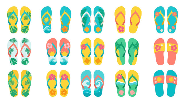 Tropical flip flop sandal set vector clipart with fifteen pairs of colorful beach footwear, palm leaves, hibiscus, sun, waves and shells