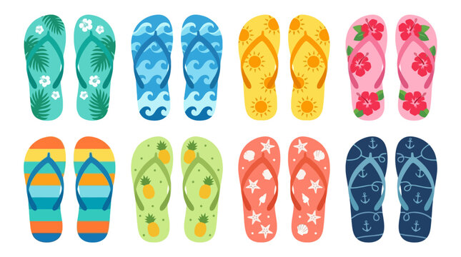 Tropical summer flip flop sandal set with colorful beach patterns, palm leaves, waves, sun, hibiscus, pineapple, shells and anchors