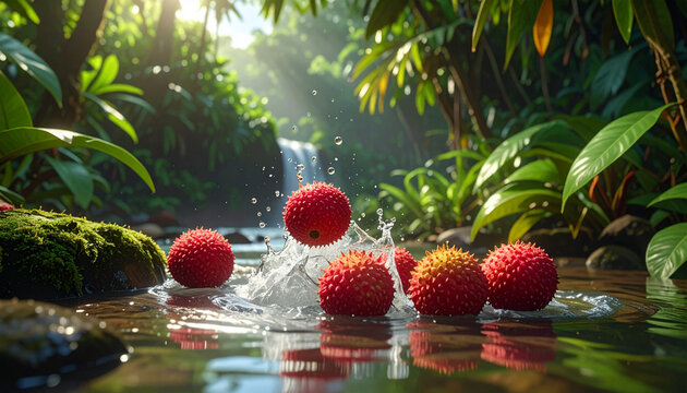 Red tropical fruits water splash