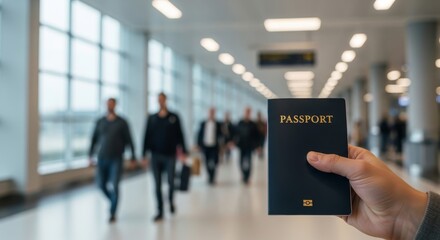 Obraz premium Woman holding passport at airport terminal. Travelers walking in background. Travel, tourism and vacation concept