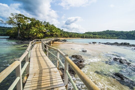 Long wooden pier in the Bom Bom Resort, Unesco biosphere reserve, Principe, Sao Tome and Principe, Atlantic Ocean