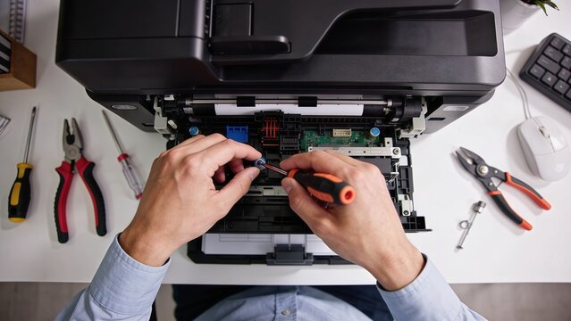 First person view of hands repairing an office printer with tools, showcasing technical maintenance, office equipment service, and repair work in a modern workspace.