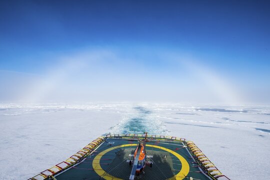 Fog bow or white rainbow in the ice around the North Pole, Arctic