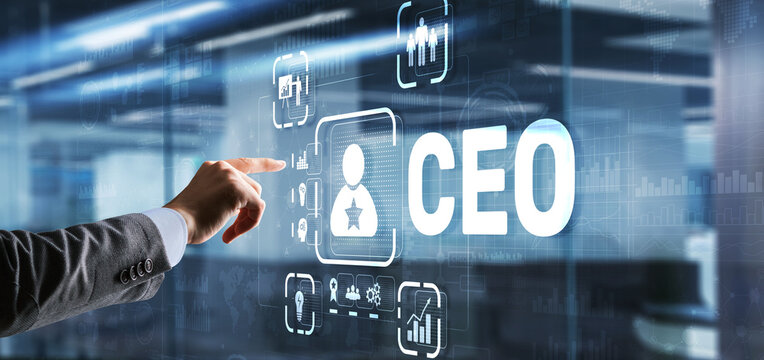 Professional touching digital interface displaying CEO position icon with futuristic business technology elements
